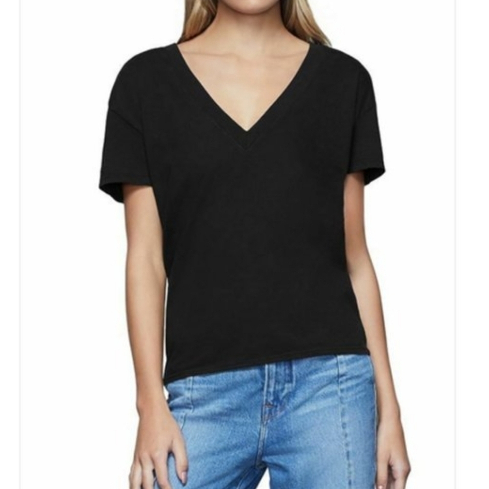 Good American Women's Black Deep V-Neck Short Sleeve Basic T-Shirt Size 1 / S